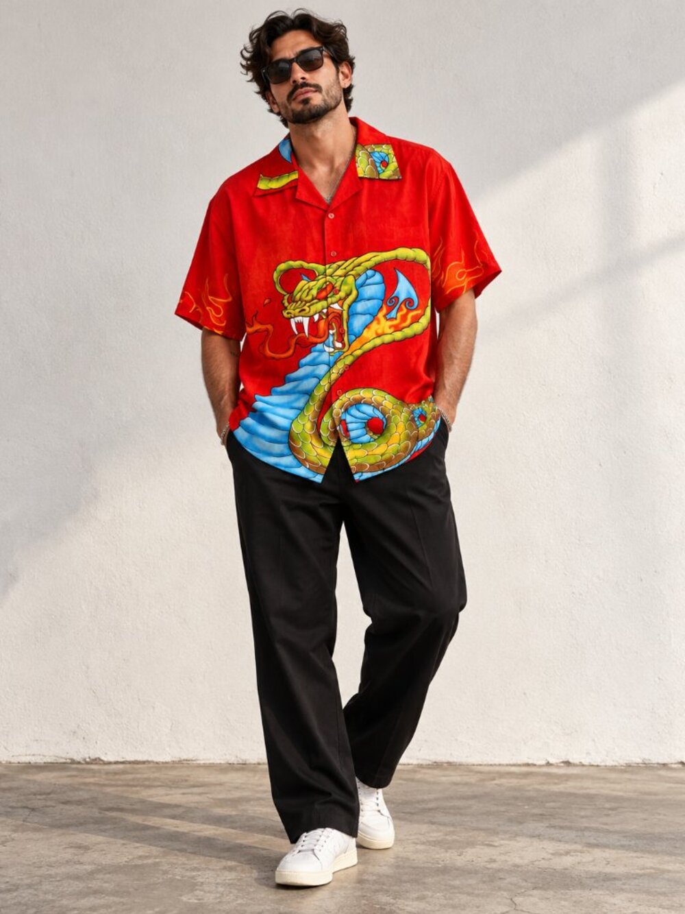 L.A. BEAT Red Cobra Snake Flame Camp Collar Shirt Y2K Streetwear Size M